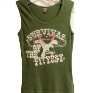💥Seven7 army green graphic white & pink studded boho festival muscle tank tee M